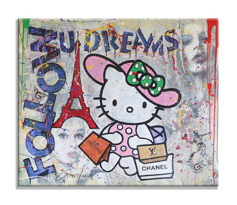 Hello Kitty Chanel Hermes Louis Vuitton - Pintura original sobre lienzo